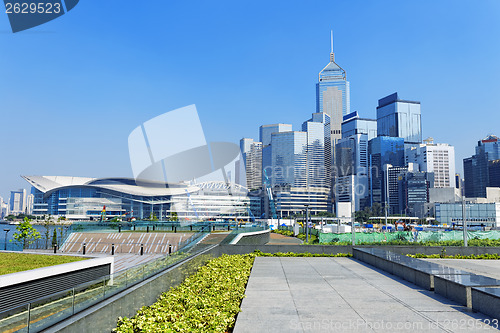 Image of Hong Kong Victoria Harbor morning with urban skyscrapers over se