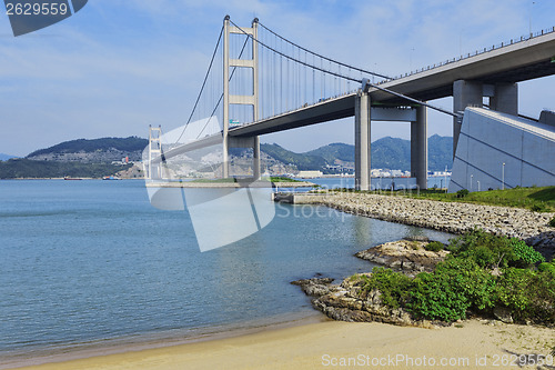 Image of hong kong bridge, Tsing Ma Bridge and beach scenes in summer.