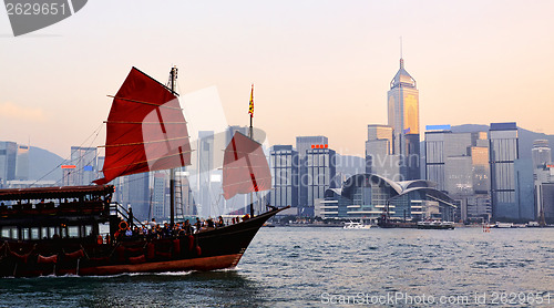 Image of Traditional wooden sailboat / tourist junk sailing in Victoria H