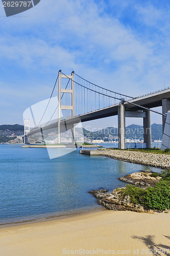 Image of hong kong bridge, Tsing Ma Bridge and beach scenes in summer.