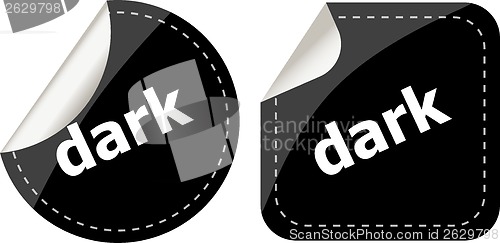 Image of dark word on black stickers web button set, label, icon