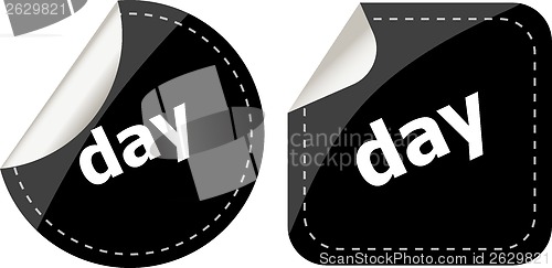 Image of day word on black stickers web button set, label, icon