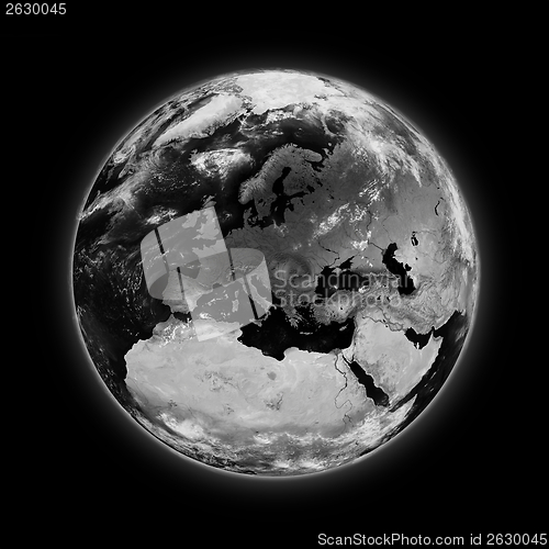 Image of Europe on dark planet Earth