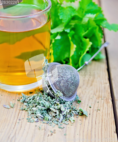 Image of Herbal tea with mint in a mug and strainer