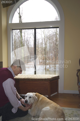 Image of man and his dog in the living room flood in backyard