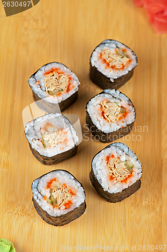 Image of sushi rolls with tobico and pancake