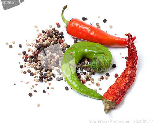 Image of Various of hot peppers on white background