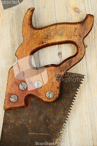 Image of old rusty saw on wooden background