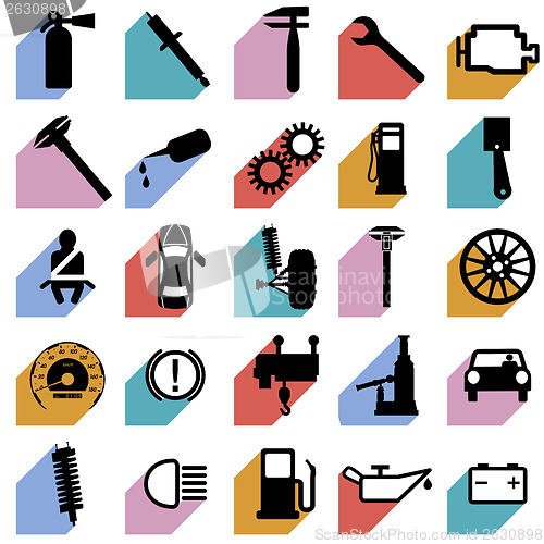 Image of Collection flat icons with long shadow. Car symbols. Vector illu