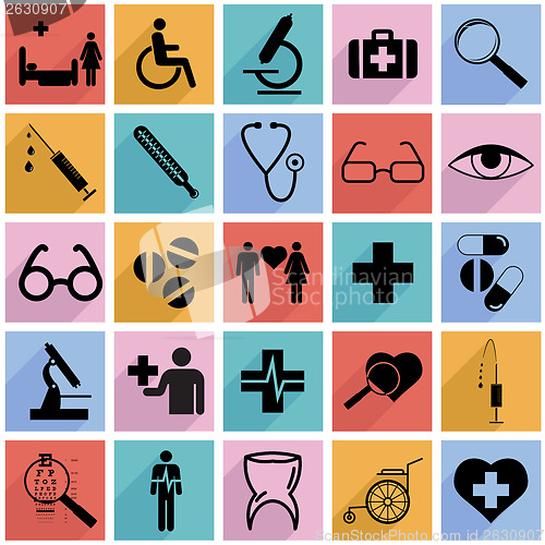 Image of Collection flat icons with long shadow. Medicine symbols. Vector