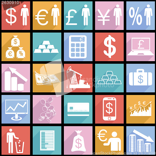 Image of Collection flat icons with long shadow.  Finance symbols. Vector