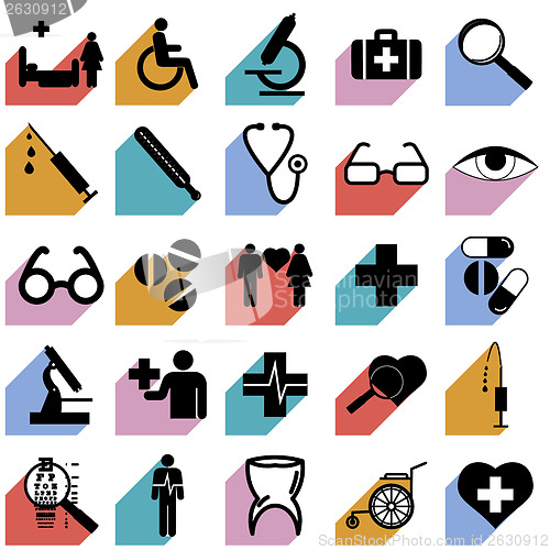 Image of Collection flat icons with long shadow. Medicine symbols. Vector