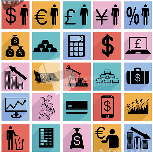 Image of Collection flat icons with long shadow.  Finance symbols. Vector