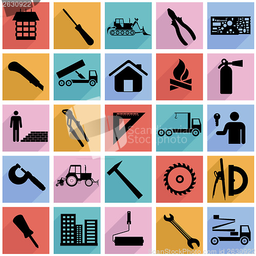 Image of Collection flat icons with long shadow. Construction symbols. Ve