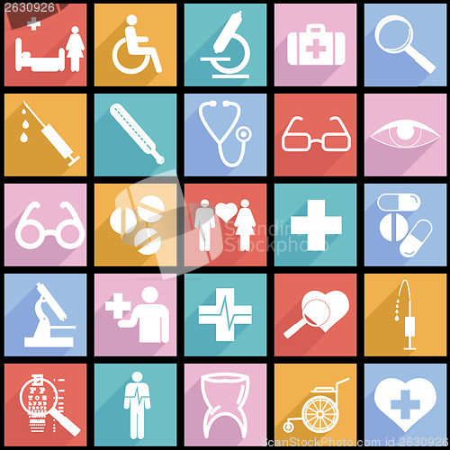 Image of Collection flat icons with long shadow. Medicine symbols. Vector