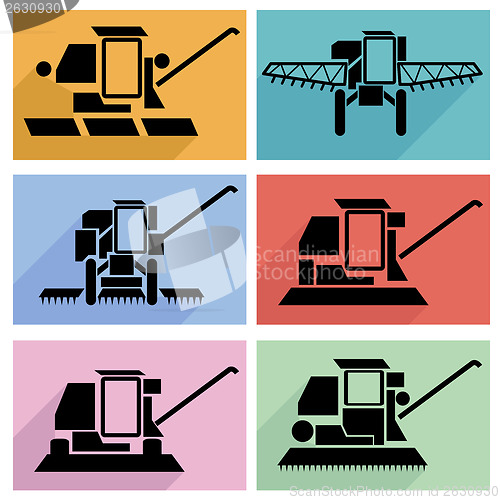 Image of Collection flat icons with long shadow. Agricultural vehicles ha