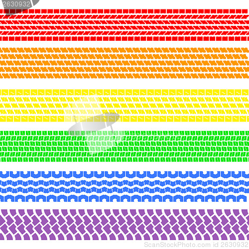 Image of Set of detailed tire prints , a rainbow, vector illustration