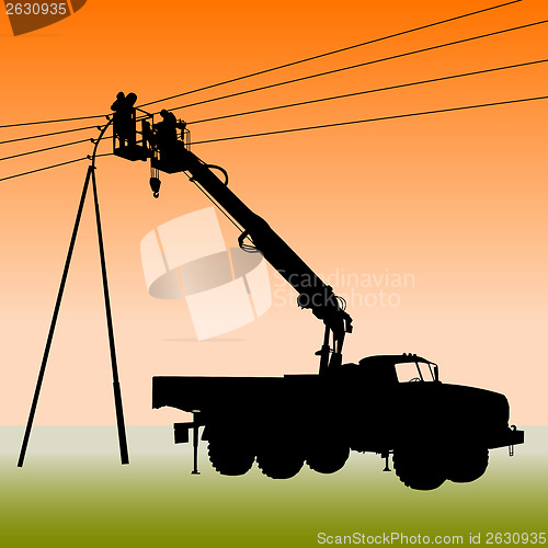 Image of Electrician, making repairs at a power pole. Vector illustration