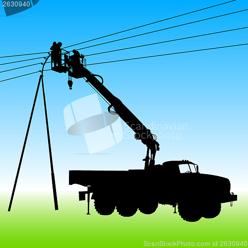 Image of Electrician, making repairs at a power pole. Vector illustration