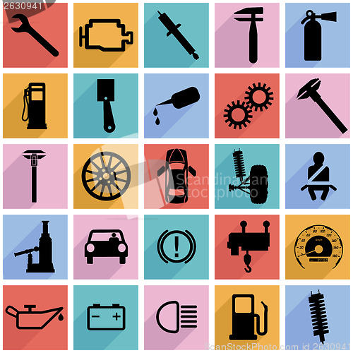 Image of Collection flat icons with long shadow. Car symbols. Vector illu