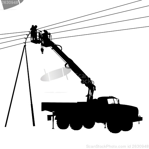 Image of Electrician, making repairs at a power pole. Vector illustration