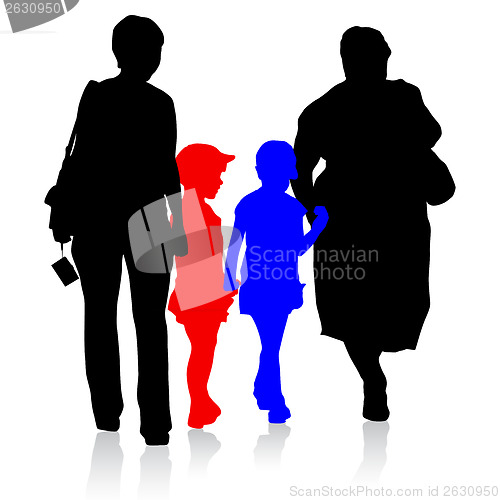 Image of Silhouette of family, mother and children and grandmother on whi