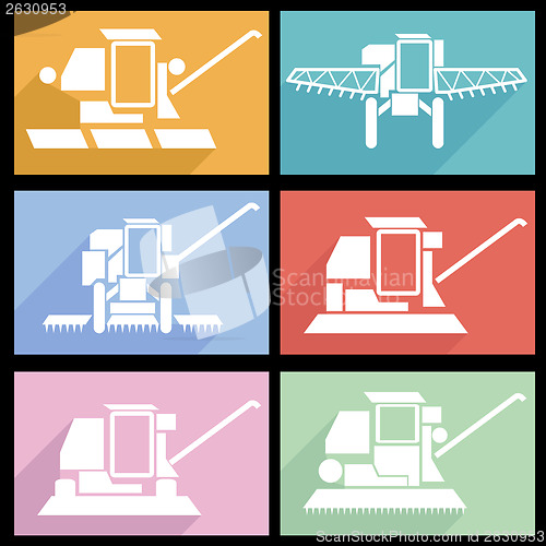 Image of Collection flat icons with long shadow. Agricultural vehicles ha