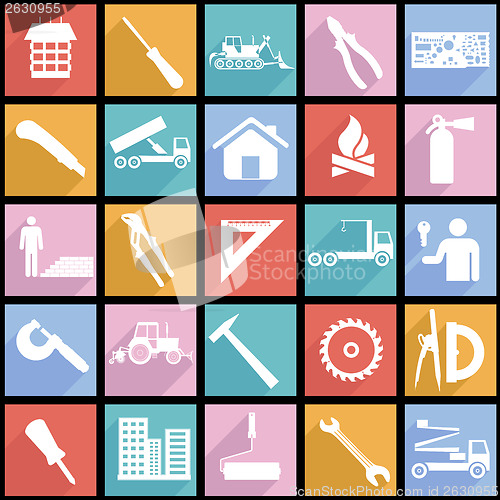 Image of Collection flat icons with long shadow. Construction symbols. Ve