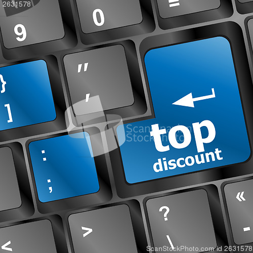 Image of top discount word key or keyboard, discount concept