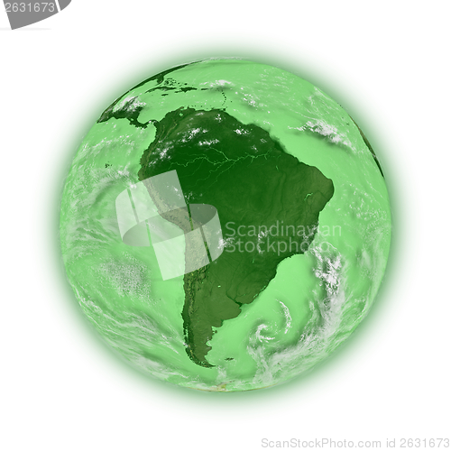 Image of South America on green planet Earth
