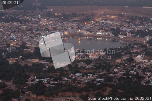 Image of holy lake in Pushkar at night