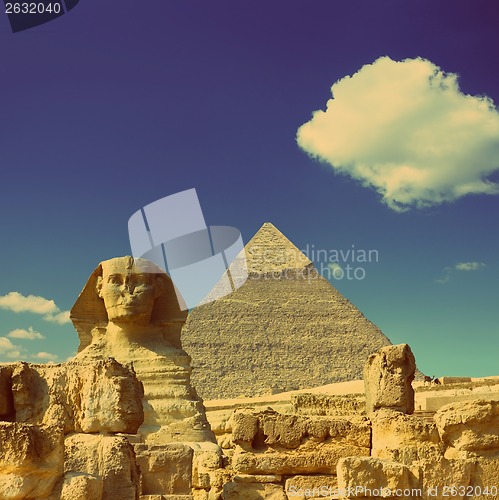 Image of Cheops pyramid and sphinx in Egypt  - vintage retro style