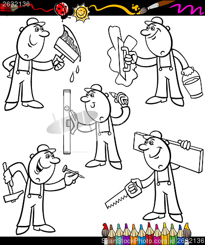 Image of cartoon workers set for coloring book