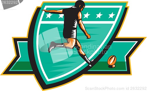 Image of Rugby Player Kicking Ball Shield Retro