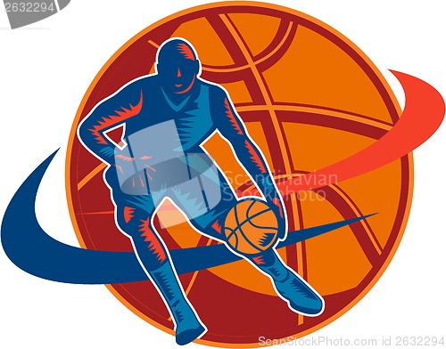 Image of Basketball Player Dribbling Ball Woodcut Retro