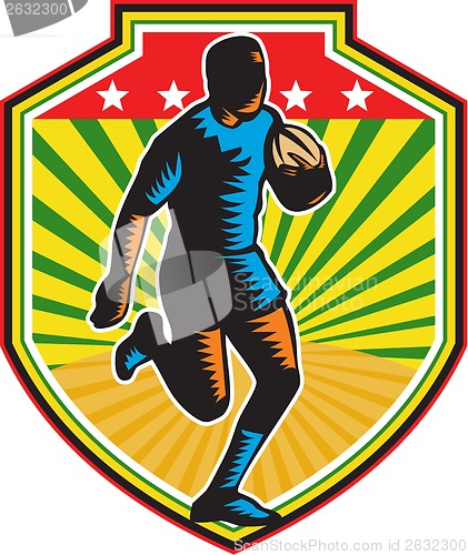 Image of Rugby Player Running Ball Shield Retro