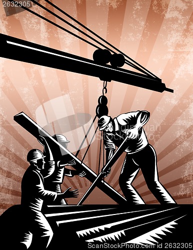 Image of Construction Team Workers Woodcut Retro Poster 