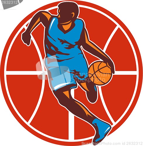 Image of Basketball Player Dribble Ball Front Retro