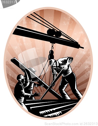 Image of Construction Workers Woodcut Retro