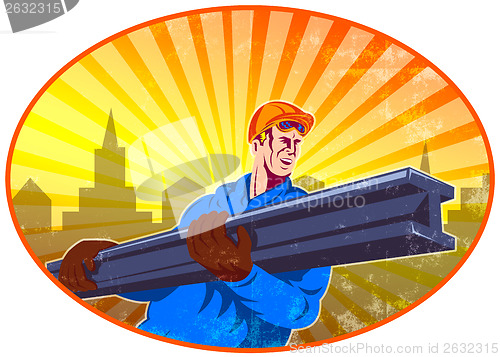 Image of Steel Worker Carry I-Beam Retro Oval