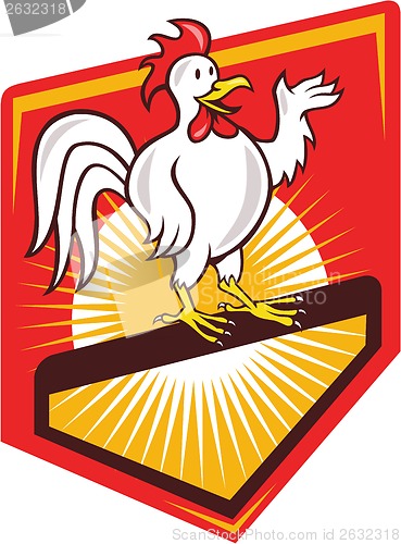 Image of Rooster Cockerel Waving Hello Shield Cartoon