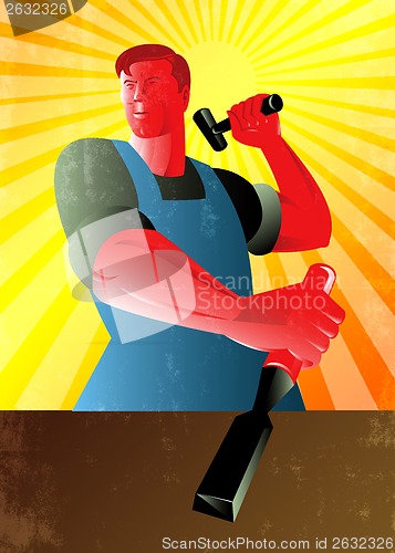 Image of Carpenter Striking Hammer Chisel Poster Retro