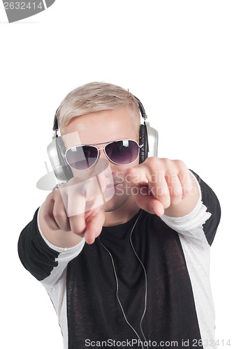 Image of Man with headphones pointing his fingers