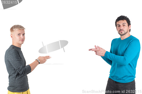 Image of Two white male pointing with their fingers