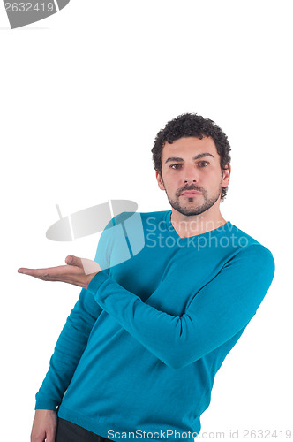 Image of Man in blue holding a hand palm up
