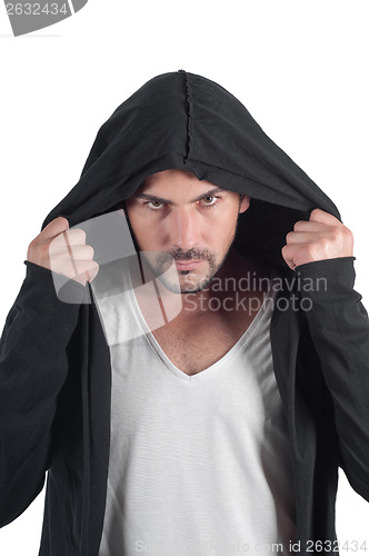 Image of Portrait of a young angry man in the hood