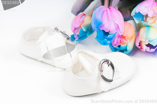 Image of Unusual multi colored tulips and baby shoes