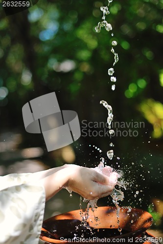 Image of splashing fresh water on woman hands