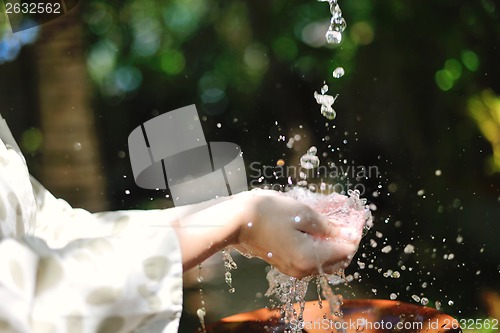 Image of splashing fresh water on woman hands