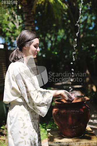 Image of splashing fresh water on woman hands